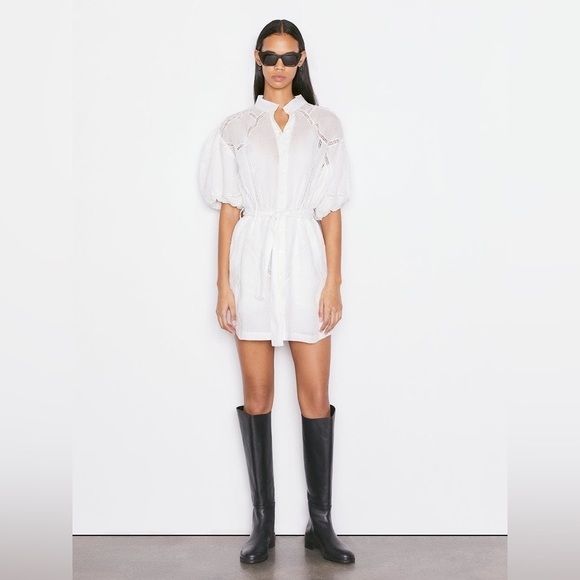 FRAME White Inset Lace Puff Sleeve Mini Dress M - Picture 1 of 8